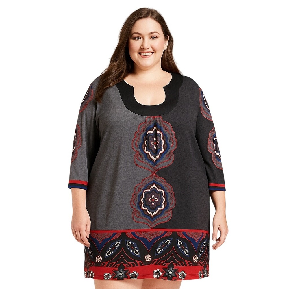 Time and a Half Pullover Tunic Dress Womens Geometric Stretch 3/4 Sleeve Size 2X